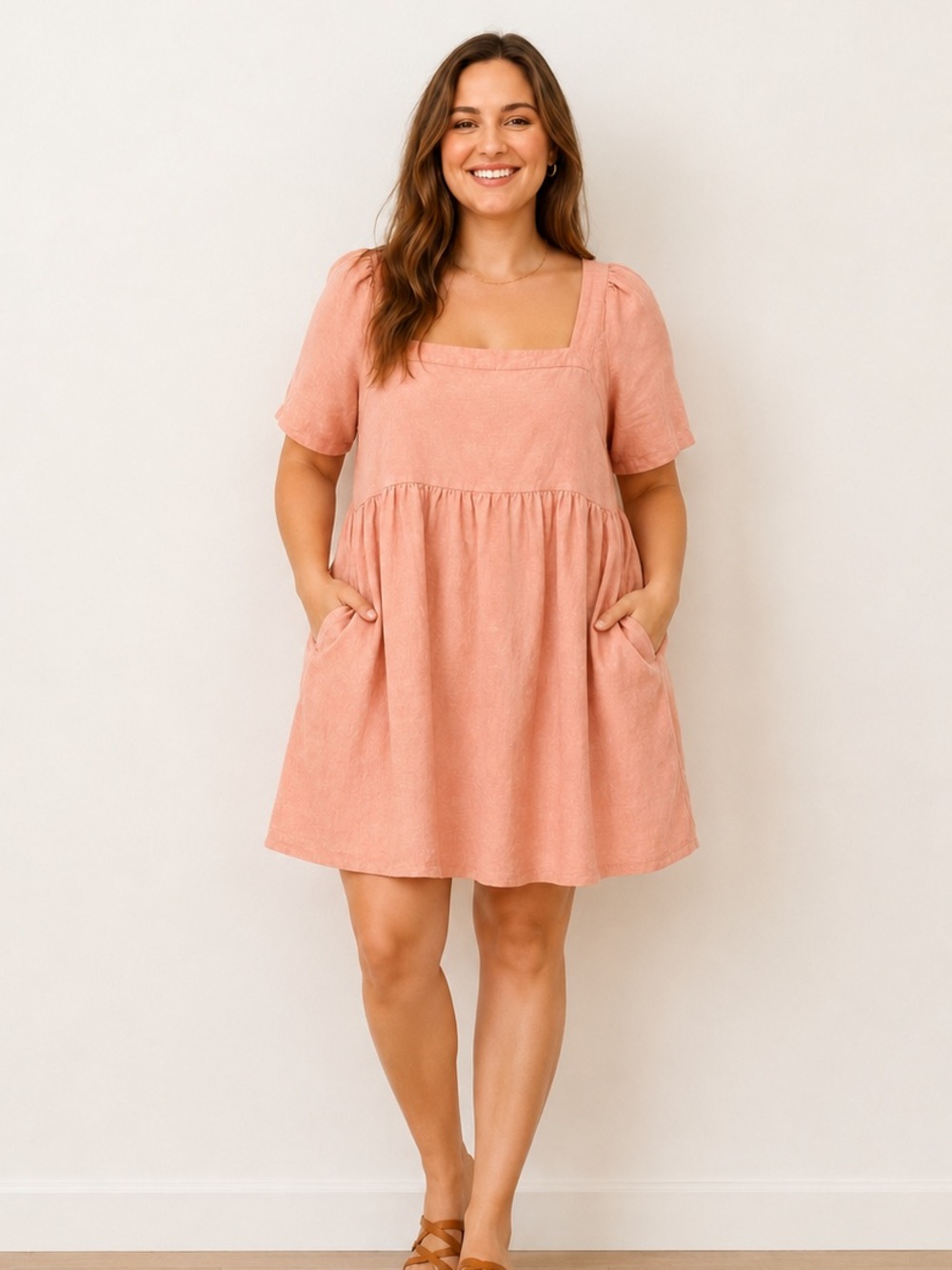 Madewell XL Peach Pink Linen Blend Square Neck Babydoll Mini Dress EUC
